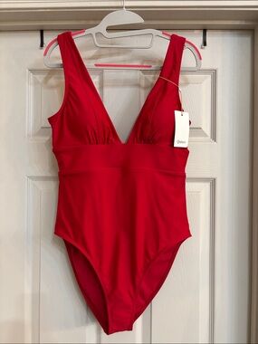 Quince Red Deep V One-Piece Swimsuit